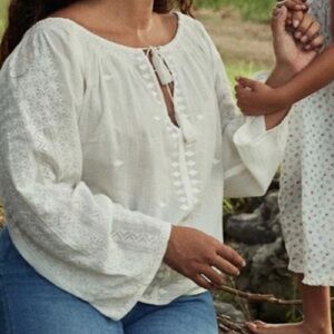 Doen Valadon Salt White Embroidered Top Lightweight Gauzy Cotton Blouse Shirt